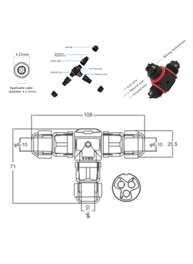 Melfi Outdoor Ip68 Waterproof Connector - 250V 16A Cable Wire For Gland Sleeve, Garden, Construction, And Plant Use | Fire Retardant, Suitable For 6-12Mm Wire Diameter (Ip68 - T Type 3Pin, 1Pcs) - Image 2
