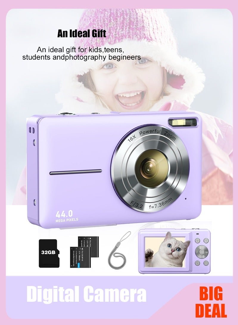 Digital Camera, FHD 1080P Kids Camera 44MP Point and Shoot Digital Camera with 32GB SD Card, 16x Zoom, Lanyard, Small Compact Camera for Kids Boys Girls - Image 1