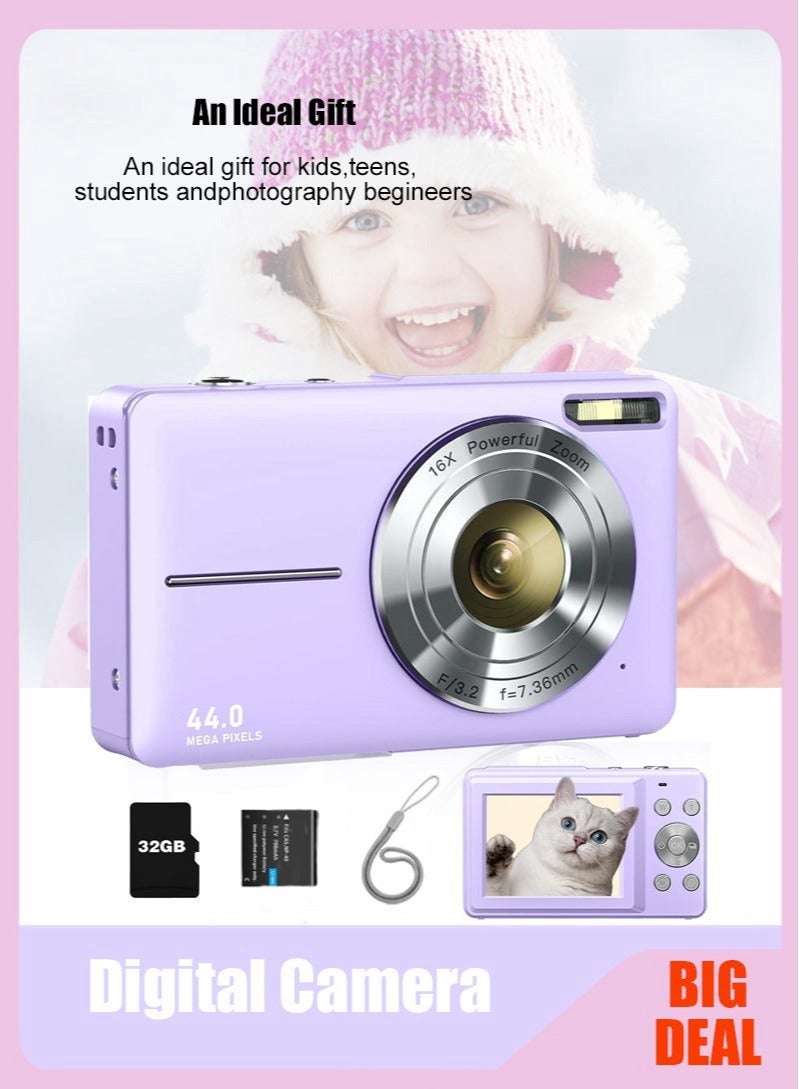 Digital Camera, FHD 1080P Kids Camera 44MP Point and Shoot Digital Camera with 32GB SD Card, 16x Zoom, Lanyard, Small Compact Camera for Kids Boys Girls - Image 1