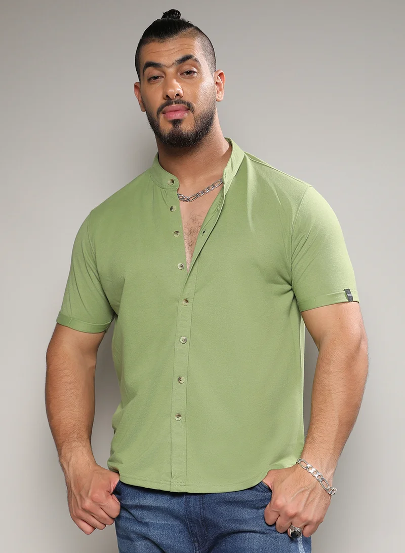 Instafab Plus Instafab Plus Men's Asparagus Green Basic Button-Up Shirt For Casual Wear | Mandarin Collar | Short Sleeve | Button Closure | Shirt Crafted With Comfort With For Everyday Wear