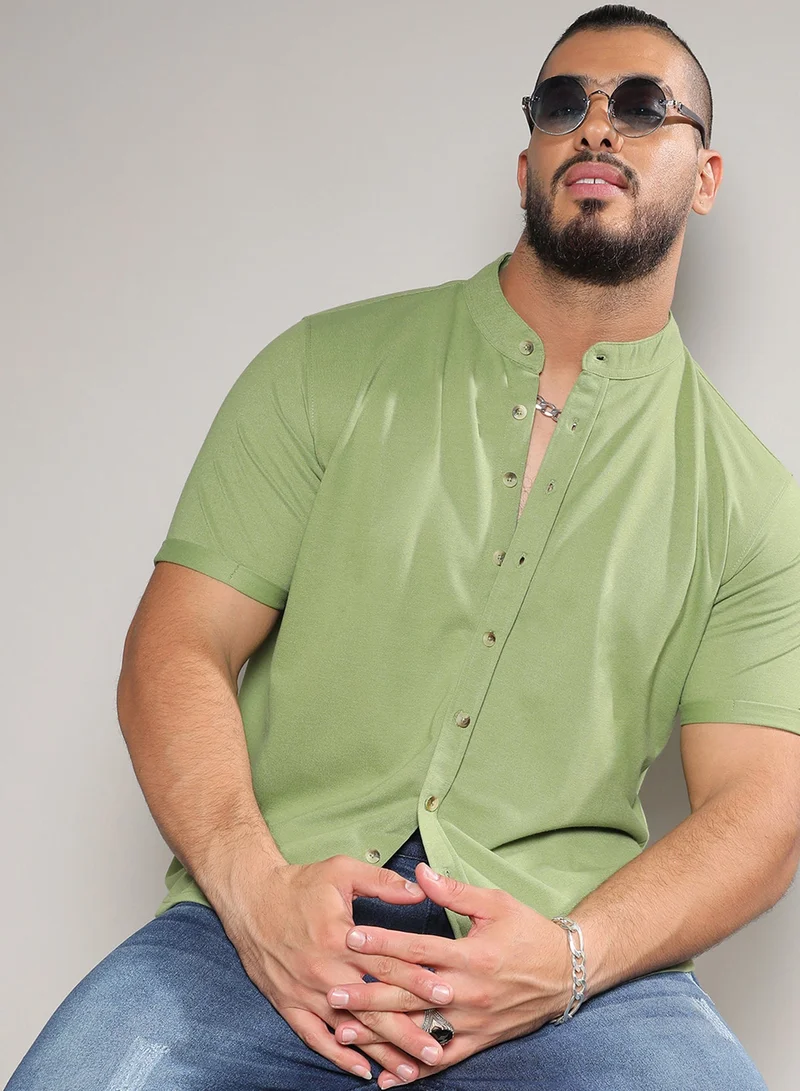Instafab Plus Instafab Plus Men's Asparagus Green Basic Button-Up Shirt For Casual Wear | Mandarin Collar | Short Sleeve | Button Closure | Shirt Crafted With Comfort With For Everyday Wear