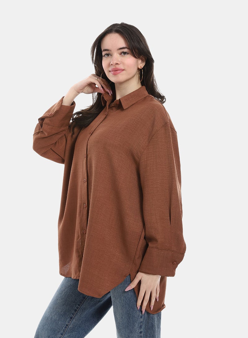 Andora بلوزة بأكمام طويلة وياقة مقلوبة - بني - Image 2