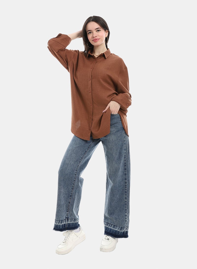 Andora بلوزة بأكمام طويلة وياقة مقلوبة - بني - Image 3