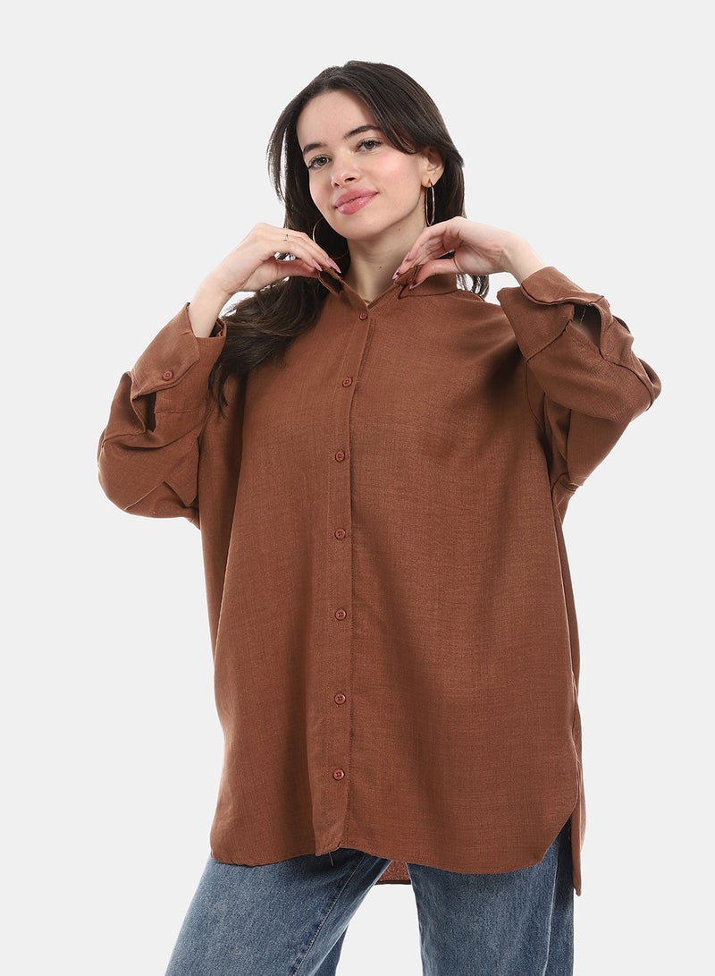 Andora بلوزة بأكمام طويلة وياقة مقلوبة - بني - Image 1