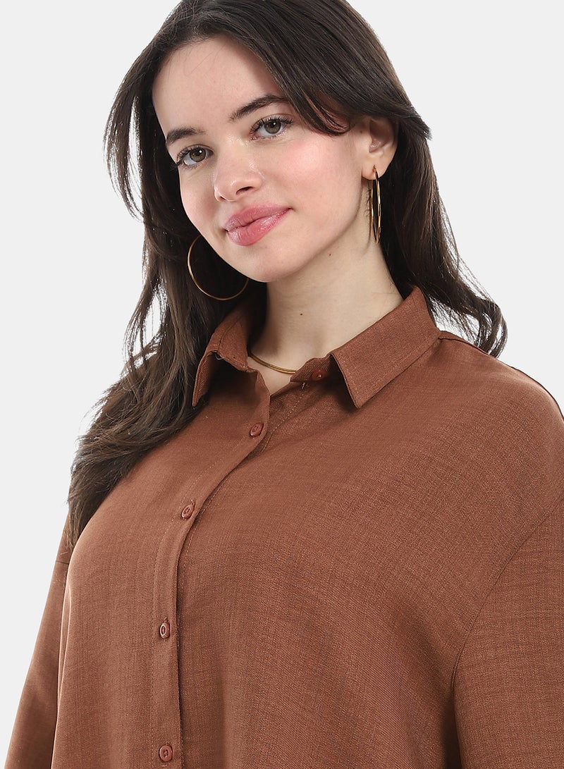 Andora بلوزة بأكمام طويلة وياقة مقلوبة - بني - Image 5