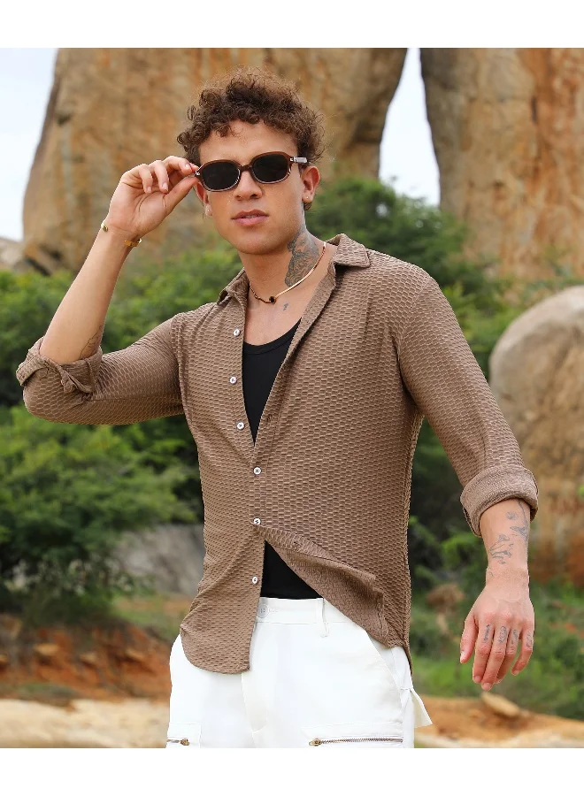 CAHOOT  Men's Mocha Brown Hive-Textured Shirt For Casual Wear | Spread Collar | Long Sleeve | Button Closure | Shirt Crafted With Comfort Fit For Everyday Wear for Men | Best Price UAE