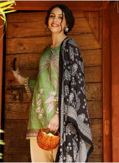  قصة Women's Grass Green Palm Foliage Kurti With Trousers  - Image 1