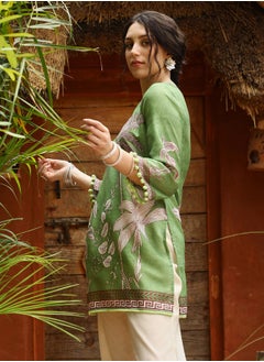  قصة Women's Grass Green Palm Foliage Kurti With Trousers  - Image 5