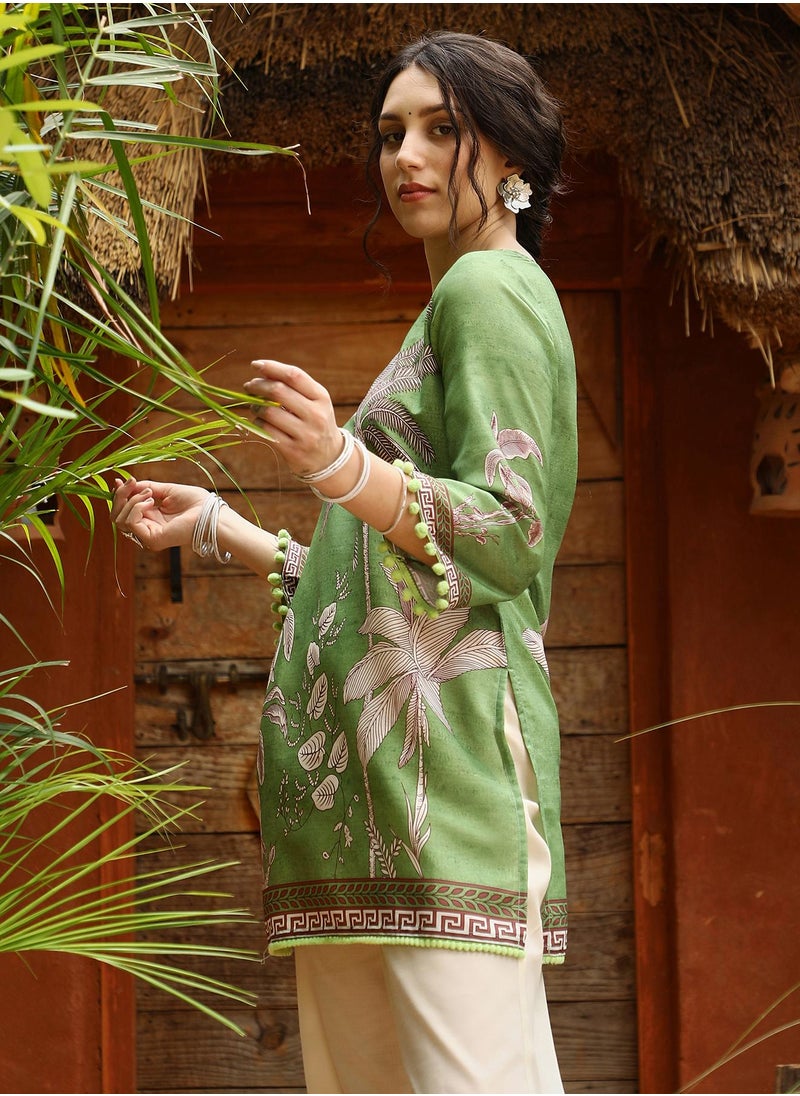 QISSA Qissa Women's Grass Green Palm Foliage Kurti With Trousers For Casual Wear | Round Neck | Quarter Sleeves | 3 Piece Kurta Set Designed With Comfort Fit For Everyday Ethnic Wear  - Image 5