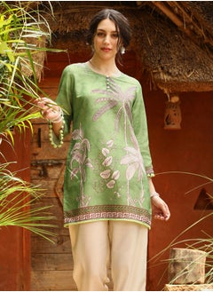  قصة Women's Grass Green Palm Foliage Kurti With Trousers  - Image 4