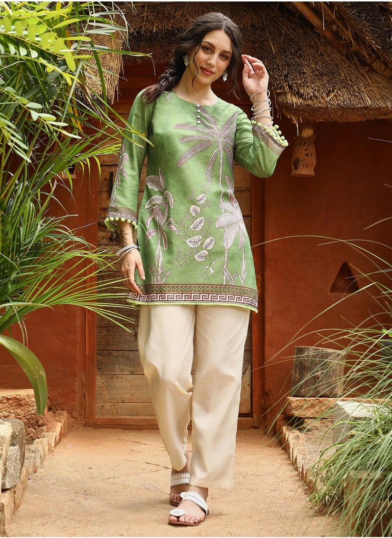 QISSA Qissa Women's Grass Green Palm Foliage Kurti With Trousers For Casual Wear | Round Neck | Quarter Sleeves | 3 Piece Kurta Set Designed With Comfort Fit For Everyday Ethnic Wear  - Image 3