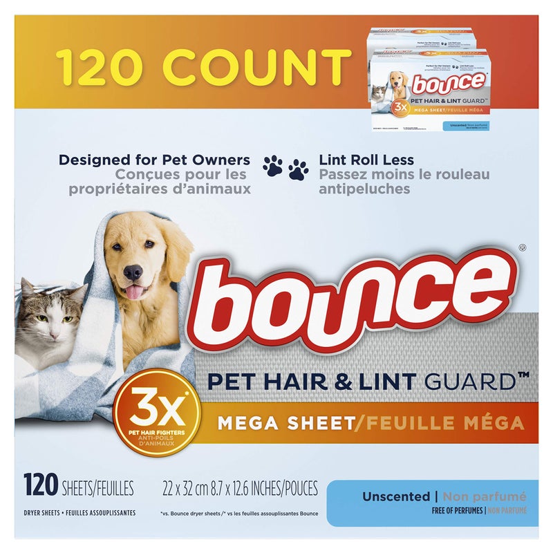 Bounce Bouce Bounce Pet Hair and Lint Guard Mega Dryer Sheets for Laundry, Fabric Softener with 3X Pet Hair Fighters, Unscented, Hypoallergenic, 120 Count - Image 1