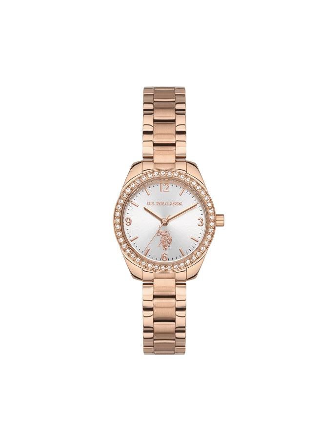 U.S. Polo Assn. Novelties Silver Dial Rose Gold Stainless Steel Bracelet Analog Watch for Women 28mm - Image 1