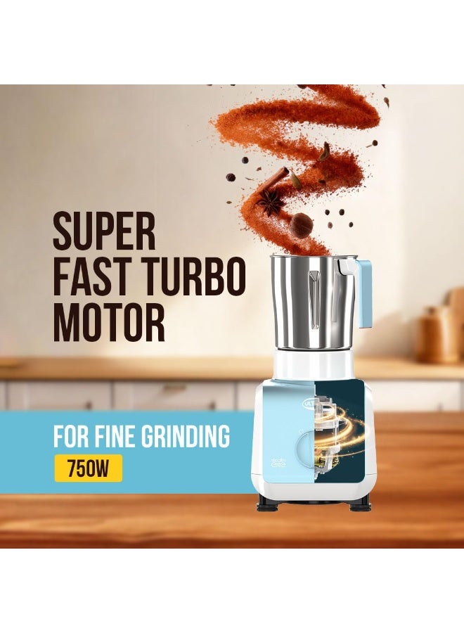 Ultra Stealth Elite MixerGrinder,750W,AISI304 FoodGradeSSJars &Blades,Serrated Stainless Steel Blades,ABS Body,3Jars Small (0.5L),Medium (0.8L), Large(1.5L),5Year MotorWarranty(Granite Black) (SKY BLUE) - Image 2
