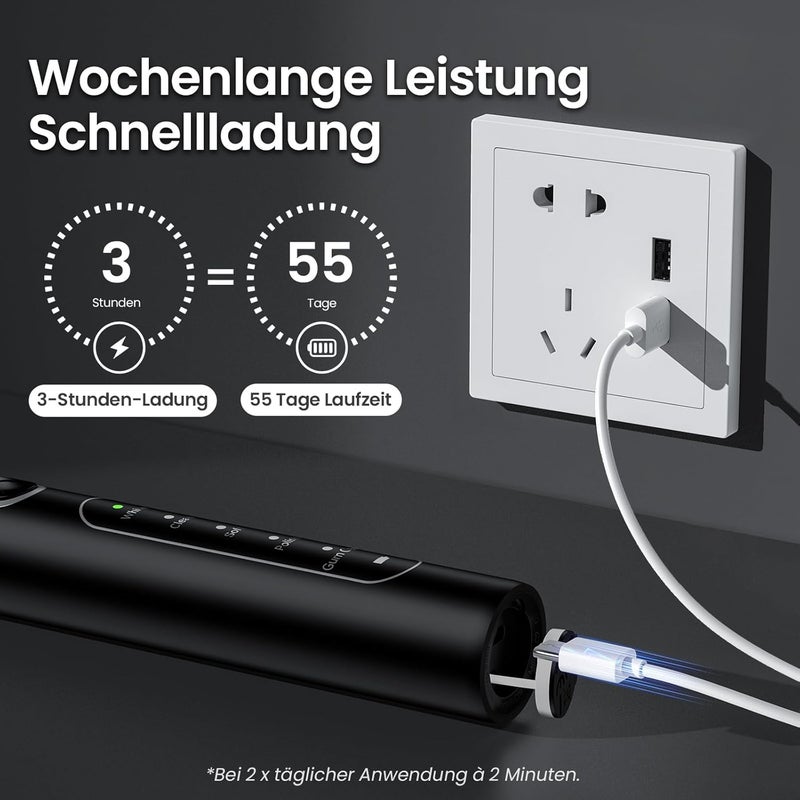 YUNCHI C2 Electric Toothbrush with 40000 VPM, Sonic Toothbrush for Adults, USB-C Charge, 55 Days Battery Life, 5 Cleaning Modes, 2 Minute Timer, 8 Brush Heads, Travel Case, Black - Image 4