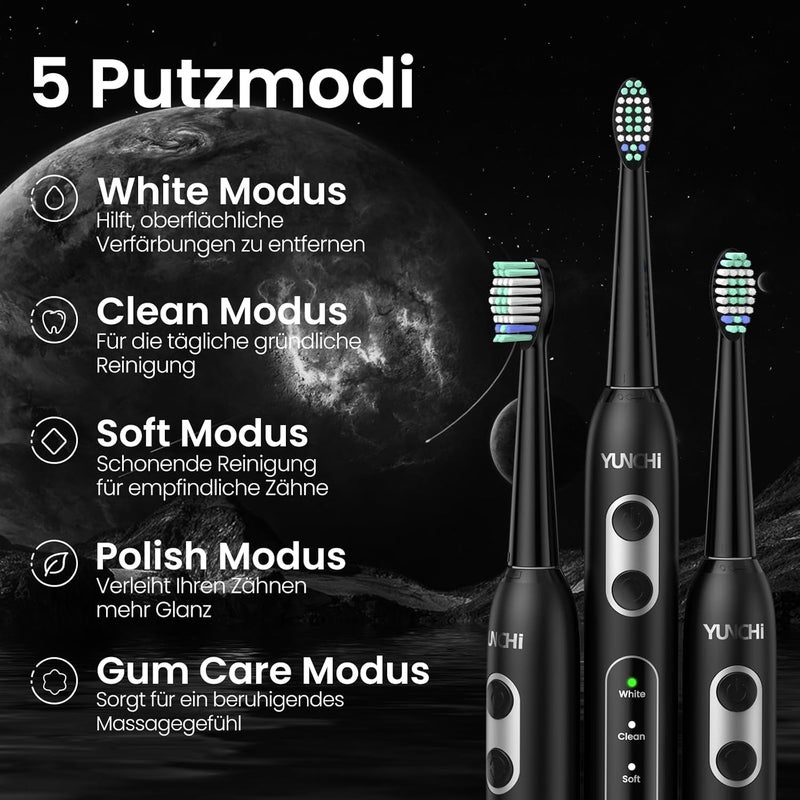 YUNCHI C2 Electric Toothbrush with 40000 VPM, Sonic Toothbrush for Adults, USB-C Charge, 55 Days Battery Life, 5 Cleaning Modes, 2 Minute Timer, 8 Brush Heads, Travel Case, Black - Image 3