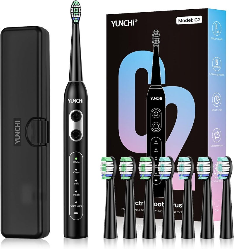 YUNCHI C2 Electric Toothbrush with 40000 VPM, Sonic Toothbrush for Adults, USB-C Charge, 55 Days Battery Life, 5 Cleaning Modes, 2 Minute Timer, 8 Brush Heads, Travel Case, Black - Image 1