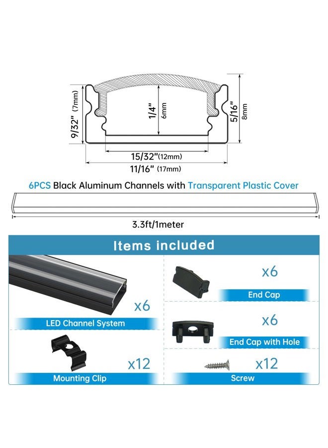 Muzata 6Pack 3.3FT/1M Black LED Channel System with Clear Cover,Aluminum Extrusion Track Housing Profile for Strip Tape Light, U1SW BT 1M, LU1 - Image 4