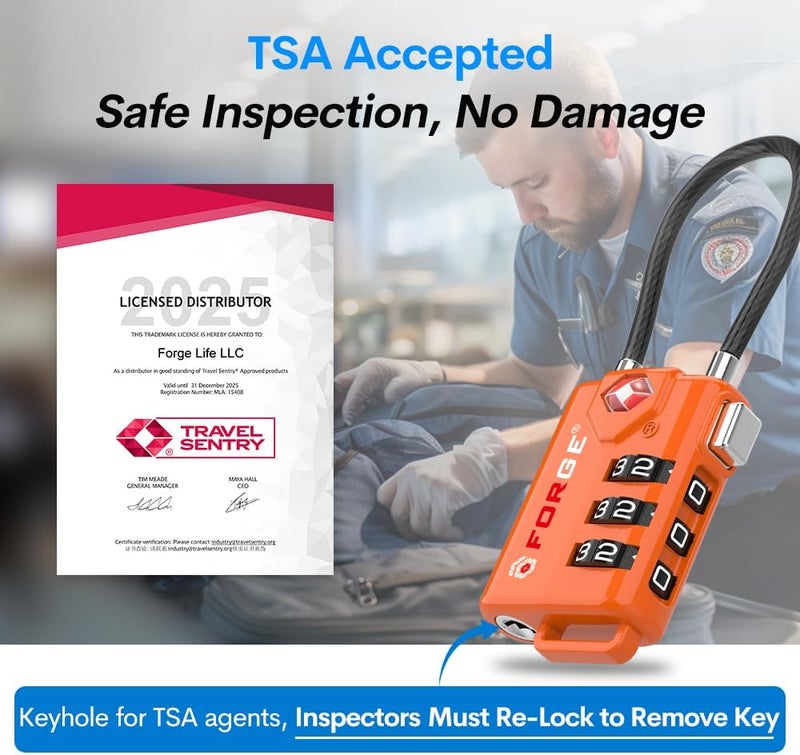 Forge TSA Approved Cable Luggage Locks, Re-settable Combination with Alloy Body, Orange 2 Locks. - Image 1