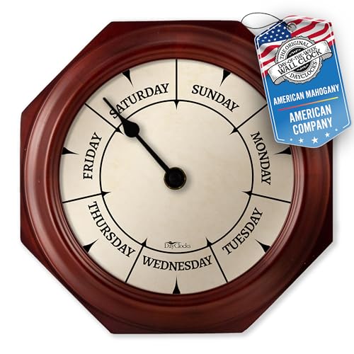 DayClocks Classic Day of The Week Wall Clock with Solid Wood Frame – Calendar Day Clock – Ideal Retirement Gift for Men & Women – Mahogany, 10" - Image 1