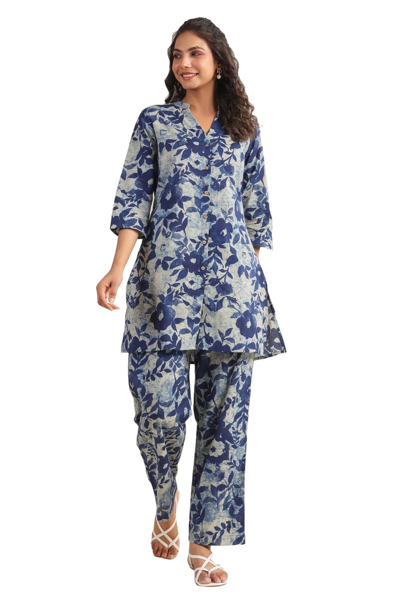 Janasya Women's Plus Size IndigoBlue Pure Cotton Floral A-line Co-ord Set (XLA24CD00284-J1-4XL) - Image 1