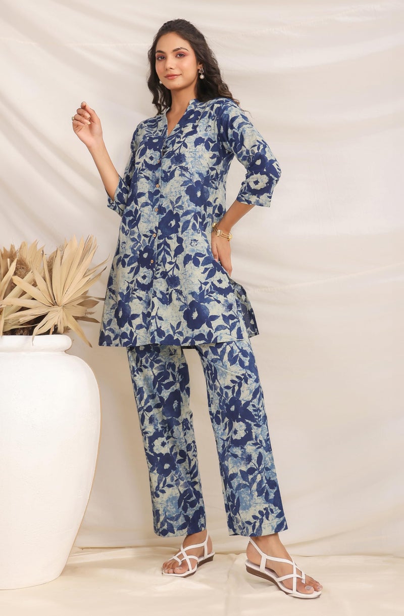 Janasya Women's Plus Size IndigoBlue Pure Cotton Floral A-line Co-ord Set (XLA24CD00284-J1-4XL) - Image 2