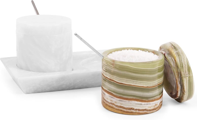 RADICALn N/S/C nationwide deliver White & Green Marble Salt Cellar Set of 2 with Tray & Lids, 3 Inch Handmade Natural Stone Salt & Spice Containers for Kitchen Countertop Storage, Luxury Kitchen Decor Accessory Light sturdy raw material - Image 1