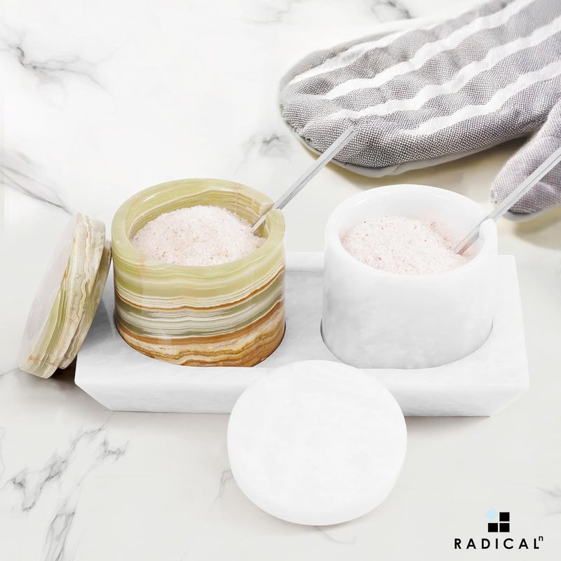 RADICALn N/S/C nationwide deliver White & Green Marble Salt Cellar Set of 2 with Tray & Lids, 3 Inch Handmade Natural Stone Salt & Spice Containers for Kitchen Countertop Storage, Luxury Kitchen Decor Accessory Light sturdy raw material - Image 2