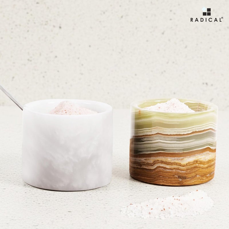 RADICALn N/S/C nationwide deliver White & Green Marble Salt Cellar Set of 2 with Tray & Lids, 3 Inch Handmade Natural Stone Salt & Spice Containers for Kitchen Countertop Storage, Luxury Kitchen Decor Accessory Light sturdy raw material - Image 5