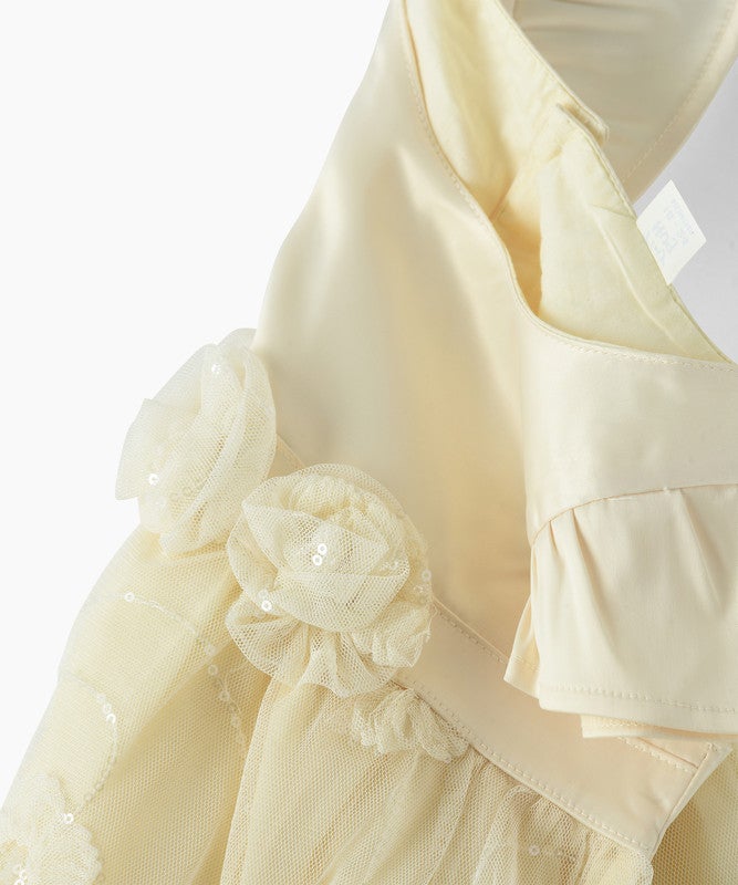 TINY HUG BABY GIRLS FLORAL TEXTURED PARTY DRESS WITH MESH OVERLAY AND WAIST BOW - Image 4
