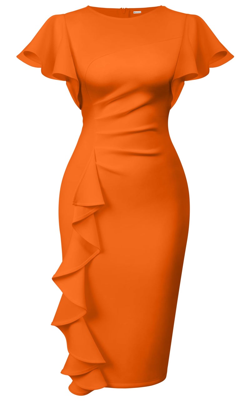 Memoriesea Women's Vintage Church Ruffle Sleeve Ruched Bodycon Work Midi Pencil Dress Orange - Image 1