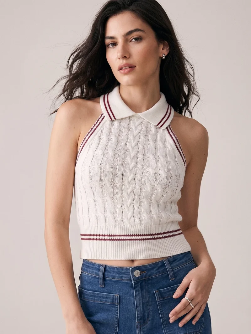 OUTZIDR White Collared Contrast Tipping Cable Knit Tank