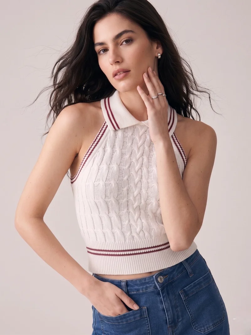 Outzidr  White Collared Contrast Tipping Cable Knit Tank for Women | Best Price UAE