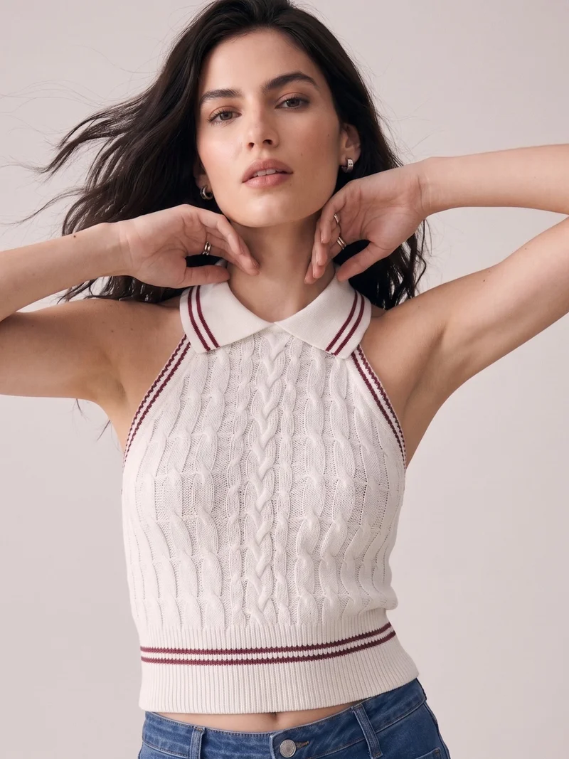OUTZIDR White Collared Contrast Tipping Cable Knit Tank