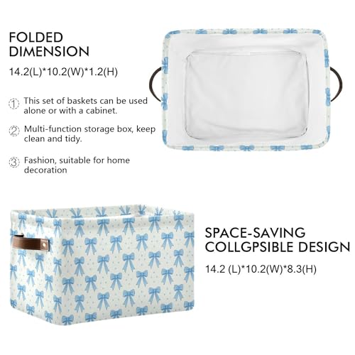 Wamika Blue Bow Storage Basket with Waterproof Liner and PU Handles Coquette Bowknot Storage Bins Boxes 142 Collapsible Decorative Organizer Baskets for Bedroom Closet Office 1 Pack - Image 3