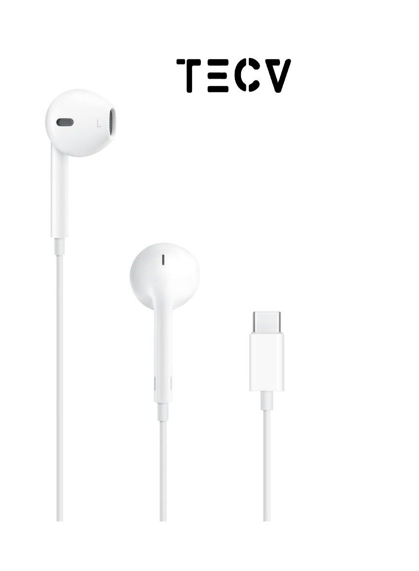 Earbuds with USB C Wired Earbuds with Microphone & Volume Control, In-ear Headphones for iPhone 15 Pro Max, iPad Pro/Air, Samsung (White)