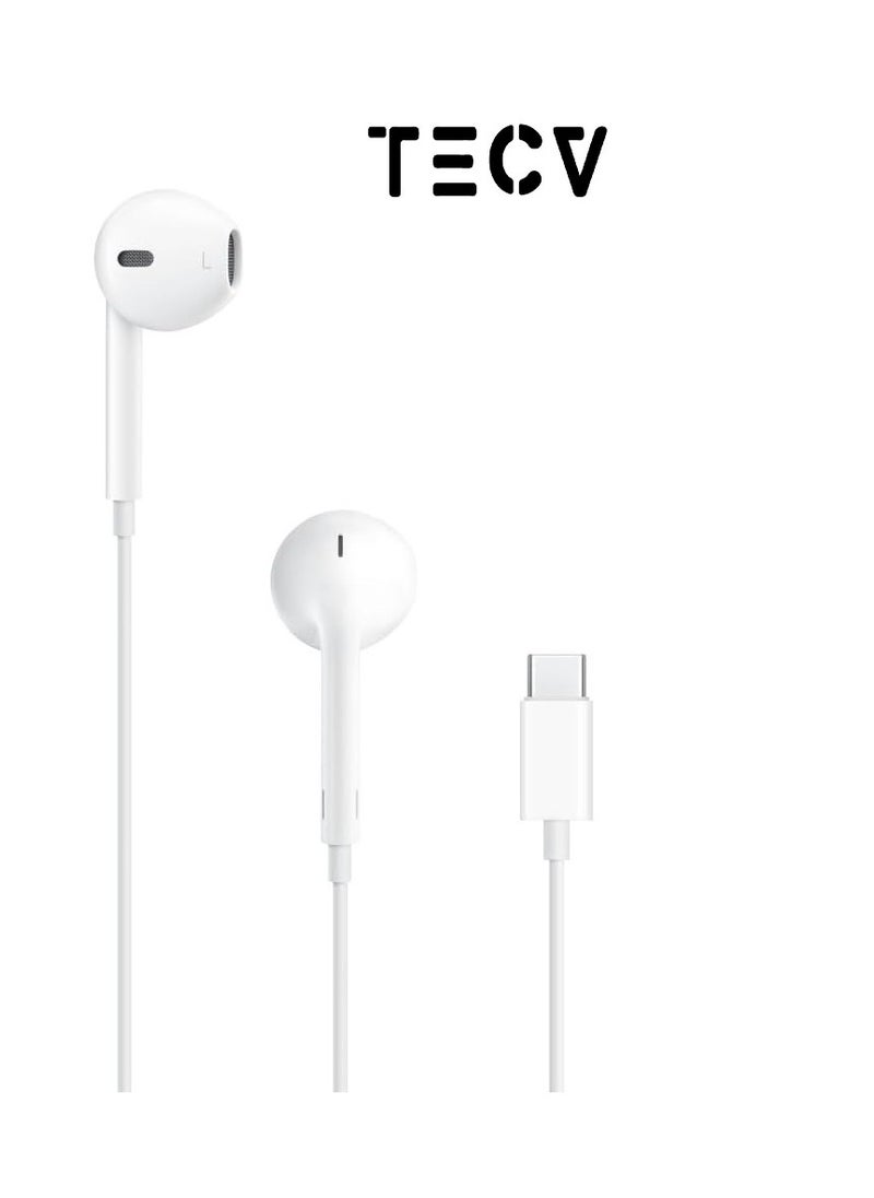 TecV - Earbuds with USB C Wired Earbuds with Microphone & Volume Control, In-ear Headphones for iPhone 15 Pro Max, iPad Pro/Air, Samsung (White) - Image 1