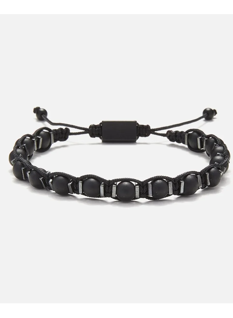 كريسوستوموس Handmade Adjustable Beaded Knitted Bracelet with Matte Black Onyx and Square Flat Hematite on Black Cord, Adjustable Macrame Tying