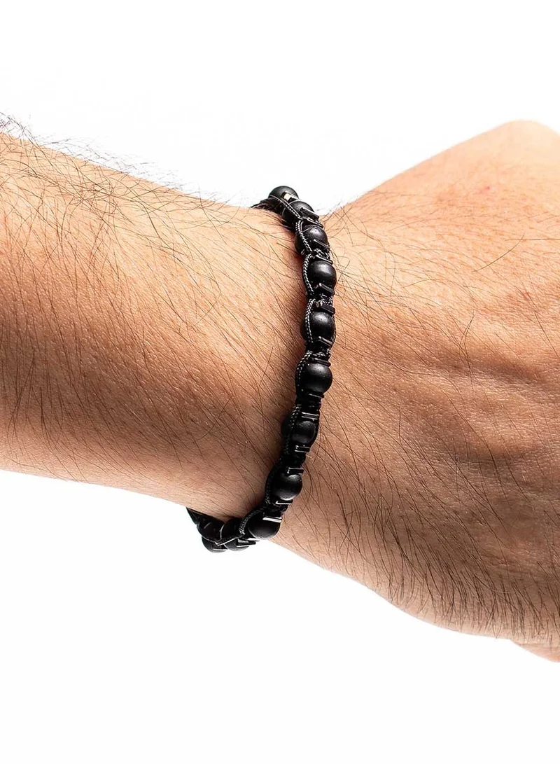 كريسوستوموس Handmade Adjustable Beaded Knitted Bracelet with Matte Black Onyx and Square Flat Hematite on Black Cord, Adjustable Macrame Tying