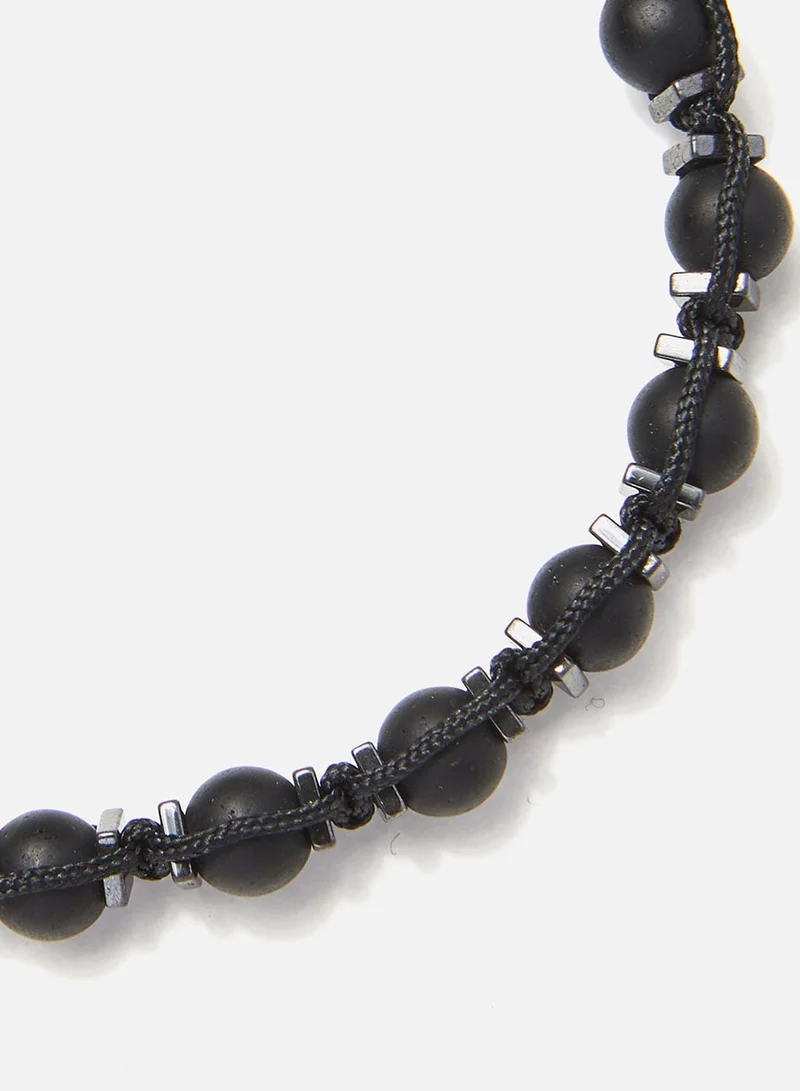 كريسوستوموس Handmade Adjustable Beaded Knitted Bracelet with Matte Black Onyx and Square Flat Hematite on Black Cord, Adjustable Macrame Tying