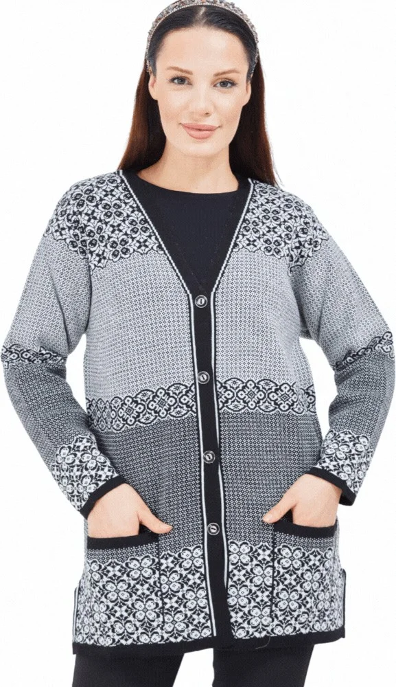 Stilmony Patterned Black and White Buttoned Knitwear Mother's Cardigan