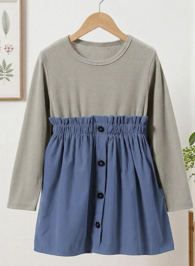 تايك تو Girl's Colorblocked Elastic Waist Button Front Long Sleeve Above Knee Dress