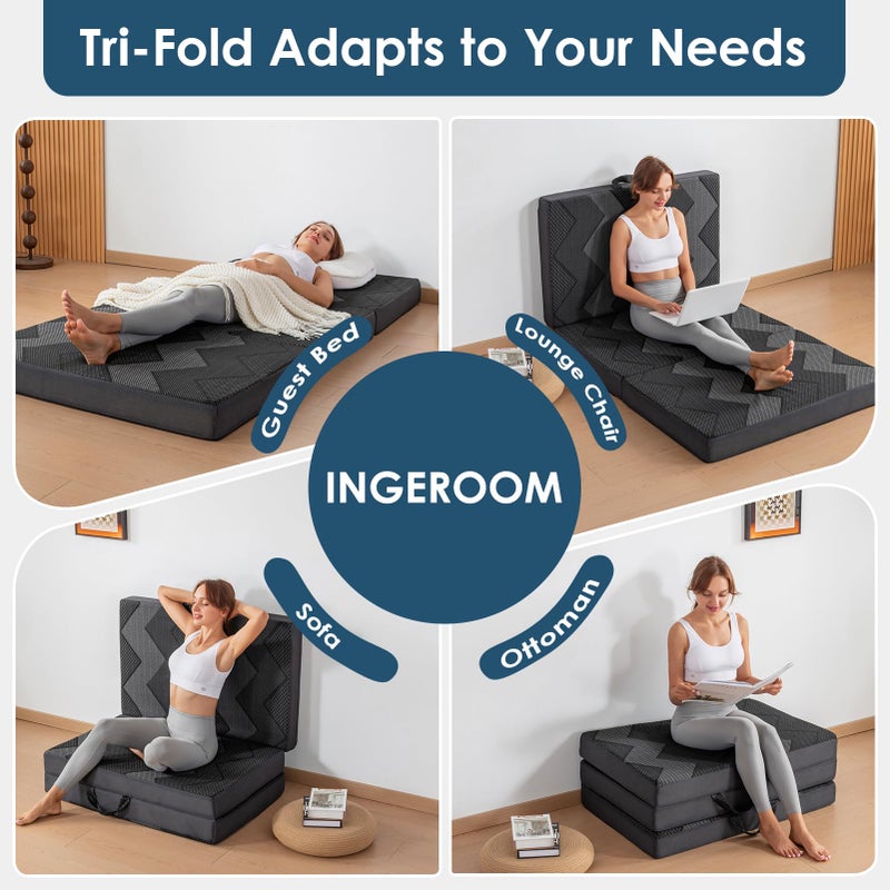 INGEROOM Foldable Mattress Twin - Memory Foam 6 inch Trifold Mattress for Camping, with Portable Handle, Non-Slip Folding Floor Bed Sofa for Guest Travel Yoga, Washable Breathable Cover - Image 3