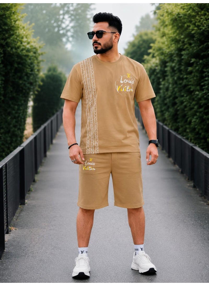 Men's Premium T-Shirt and Shorts Set, Beige