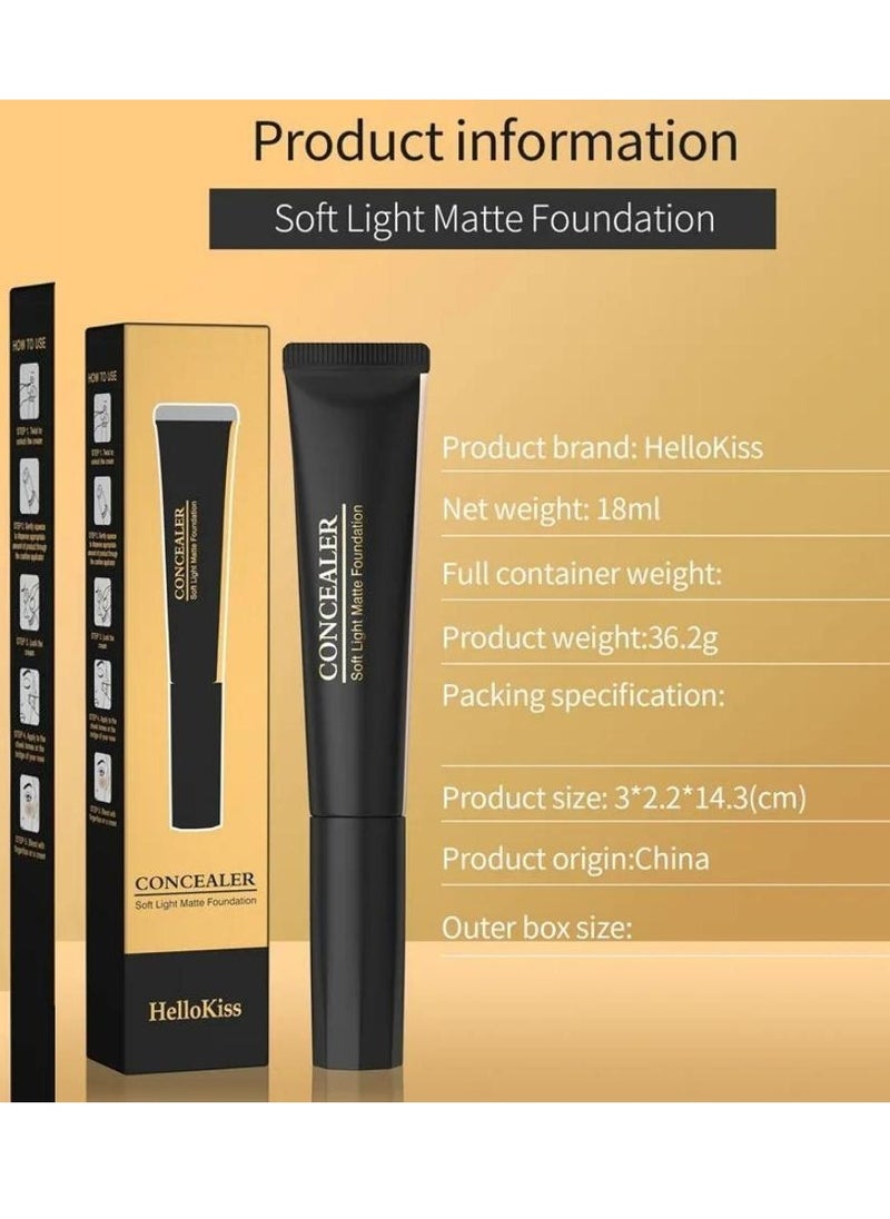 HelloKiss - Concealer Soft Light Matte Foundation Liquid Foundation Makeup Base with Cushion Applicator Natural Lightweight Soft Silky Smooth Creamy Concealer Normal to Oily Skin Instant Age Rewind Eraser 02 - Image 1