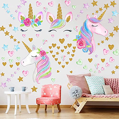 4 Sheets Unicorn Wall Decals Stickers for Girls RoomLarge Size Unicorn Wall Sticker Decor for Gilrs Kids Bedroom Birthday Party