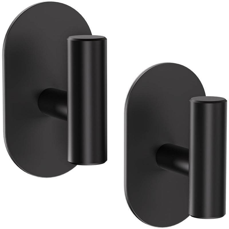 Aikzik Black Adhesive Hooks Heavy Duty, Wall Hooks for Shower, Bathroom, Towel, Coat, Robe, Stainless Steel Hooks for Hanging, Waterproof & Rustproof Sticky Hooks for Walls No Damage- 2 Pack - Image 1