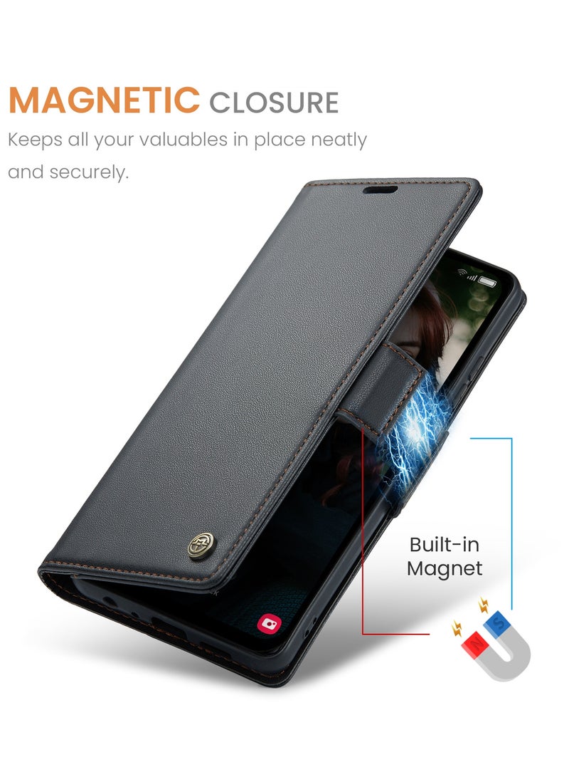 CaseMe Flip Wallet Case For Samsung Galaxy A15 4G/5G RFID Blocking PU Leather Wallet Flip Folio Case with Card Holder Kickstand Shockproof Phone Cover - Black - Image 3