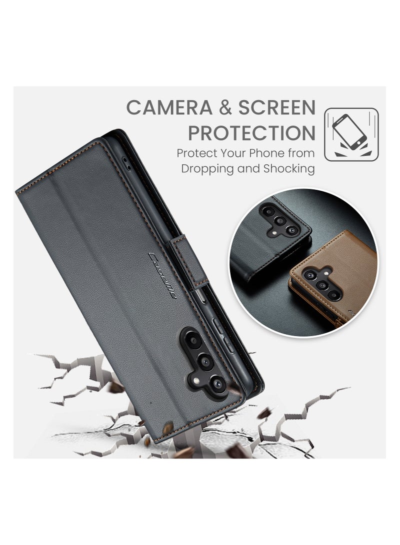 CaseMe Flip Wallet Case For Samsung Galaxy A15 4G/5G RFID Blocking PU Leather Wallet Flip Folio Case with Card Holder Kickstand Shockproof Phone Cover - Black - Image 4