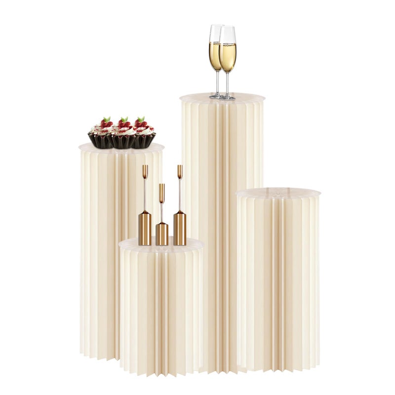 OYKSHDF 4Pack Cylinder Stands for Party, Foldable Cardboard Columns with 4 Clear Round Top Plates, Cake Display Pedestal Stand for Wedding Banquet Vendor Events Decorative - Image 1